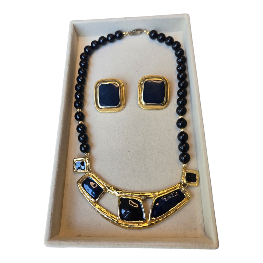 Gold-Tone Navy Blue Statement Necklace & Large Earring Set